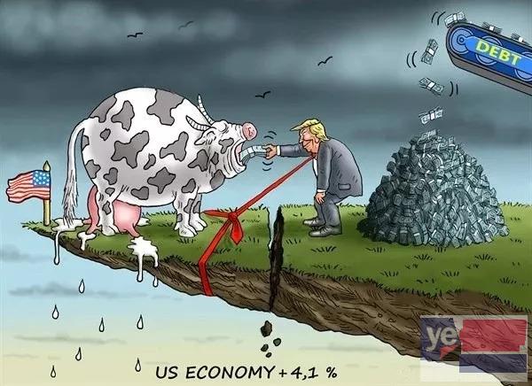 ▲[特朗普用债务来喂“奶牛”]美国总统特朗普用债务来喂奶牛，刺激经济增长。美国第二季度国内生产总值增速为4.1%，但专家警告，在债务高企和贸易战的影响下，经济增长难以为继。（美国卡格尔漫画网）