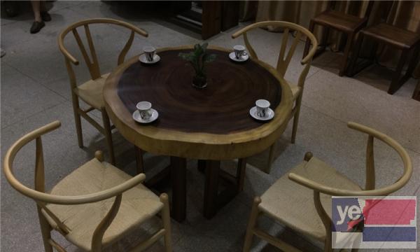 南美花梨胡桃木圆形餐桌原木茶桌茶台实木大板圆桌饭桌椅组合现货